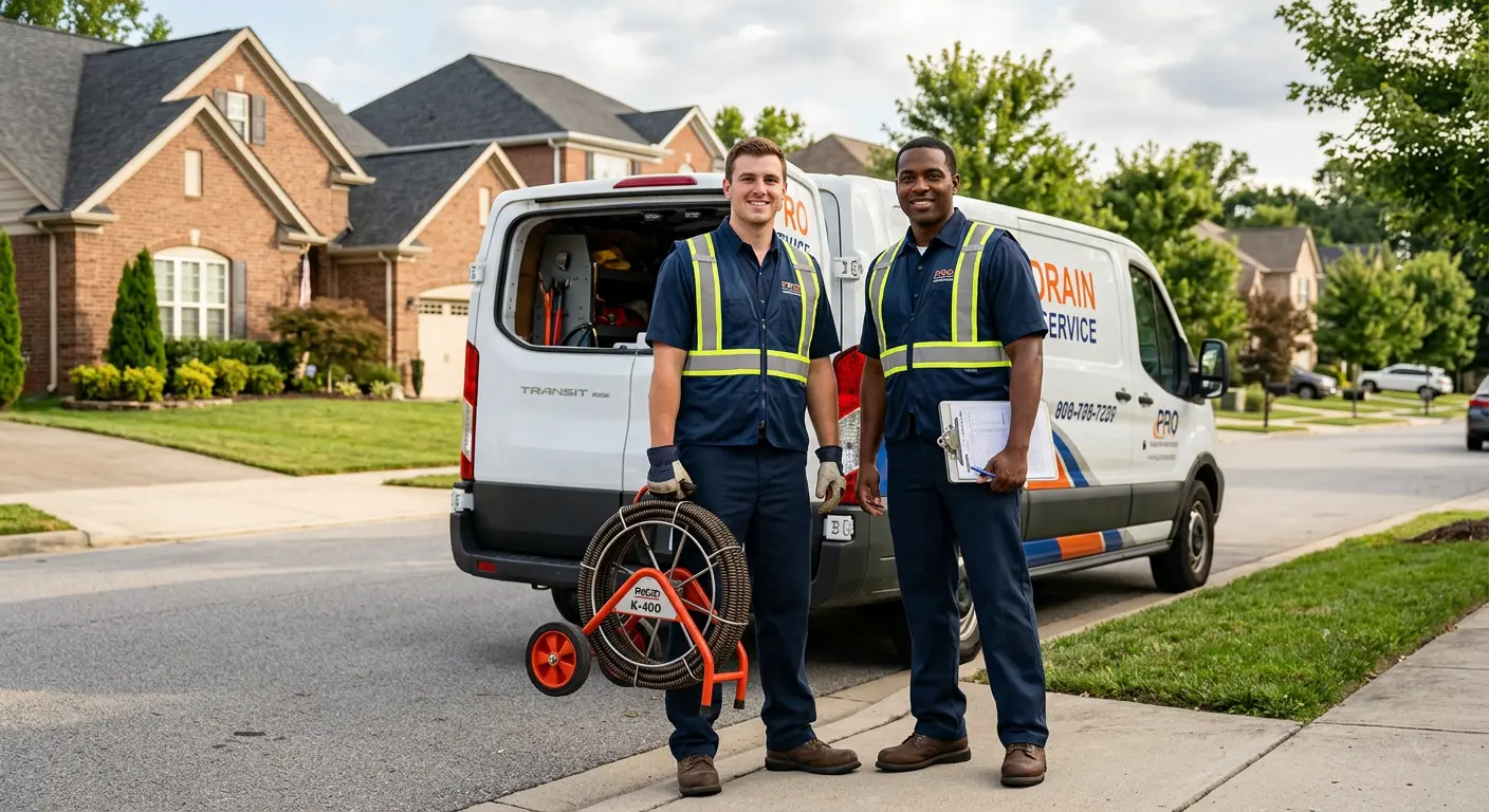 Sewer and drain service team with equipment ready for work in South Bend