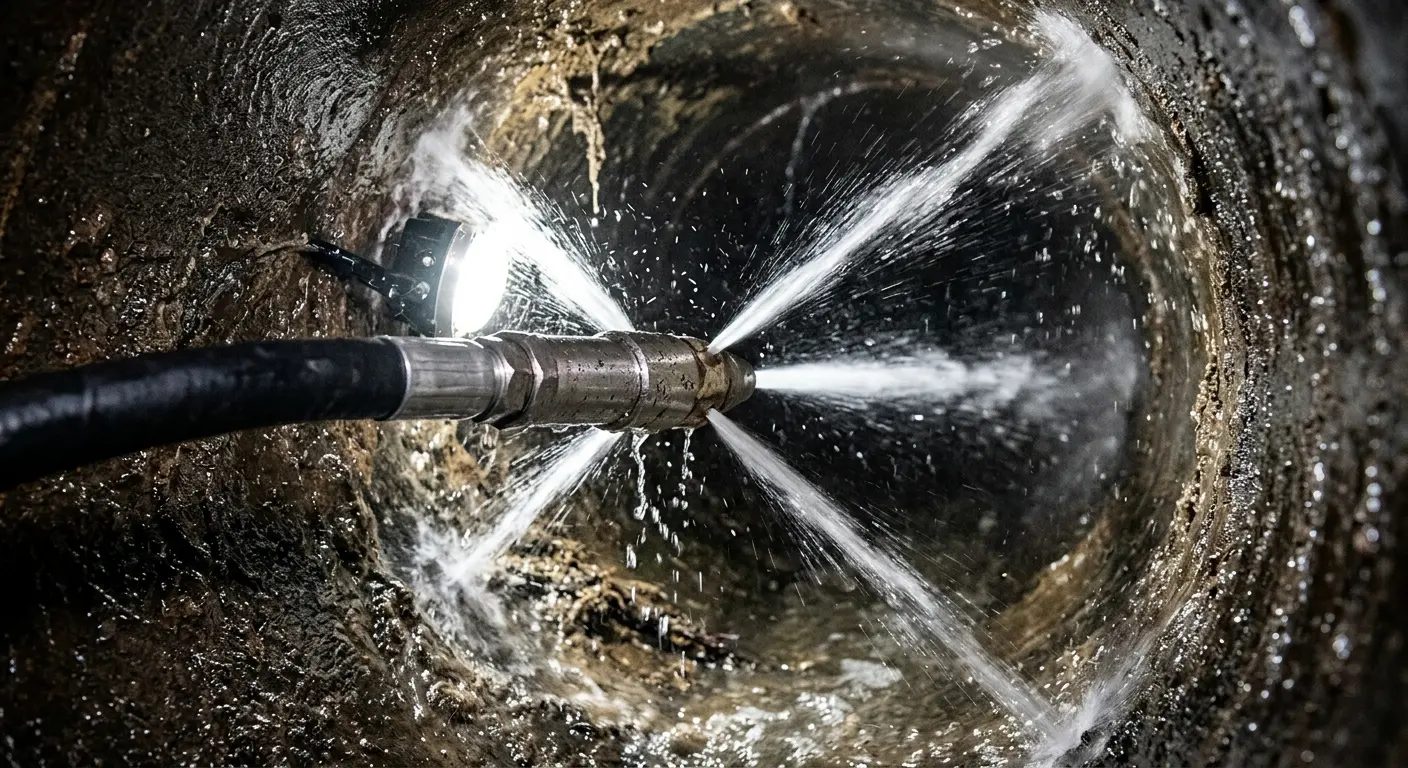 High-pressure hydro jetting nozzle cleaning sewer pipe for Sewer Cleanout in South Bend