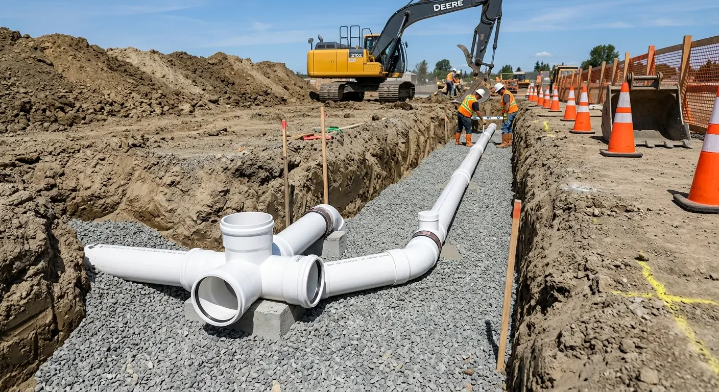 New PVC sewer pipe installation in open trench for Sewer Backup in South Bend
