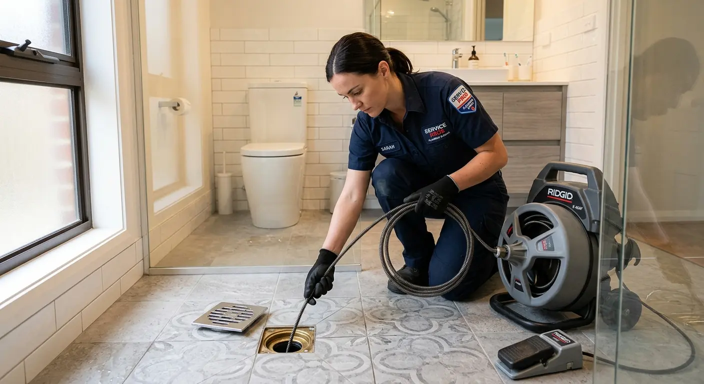Technician clearing a bathroom floor drain for Drain Cleaning in South Bend